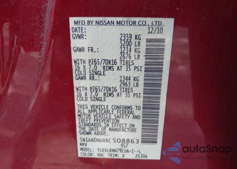 2011 Nissan Xterra S z USA, uszkodzony, nr VIN 5N1AN0NUXBC508863